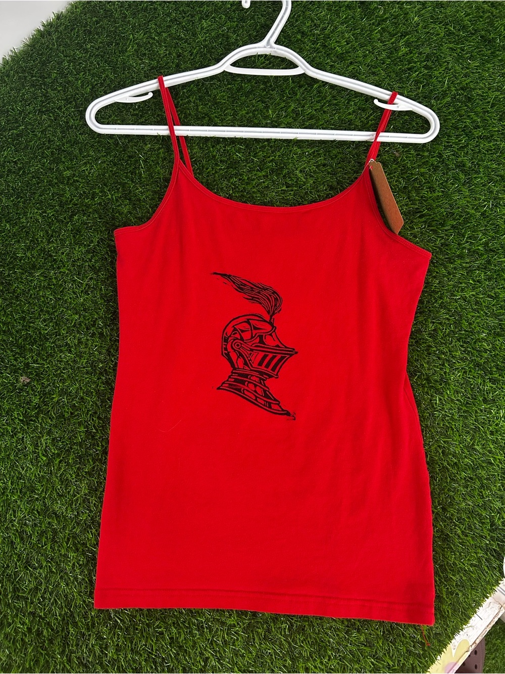 Handmade Red Spaghetti Strap Tank with Knight Helmet Graphic